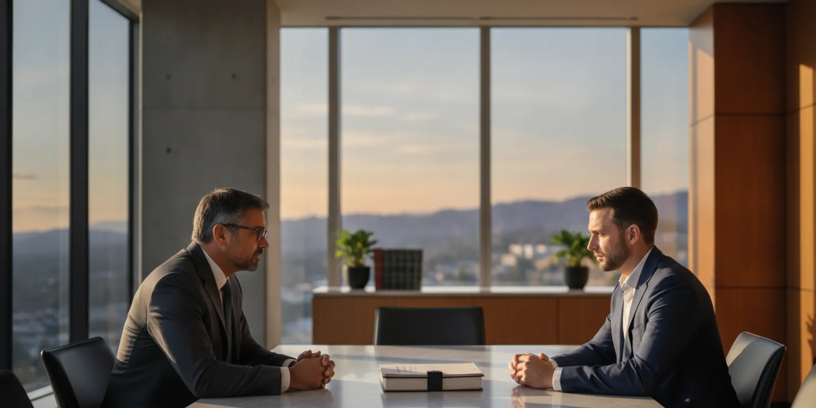 Attorney and client reviewing legal papers at a desk in a California office