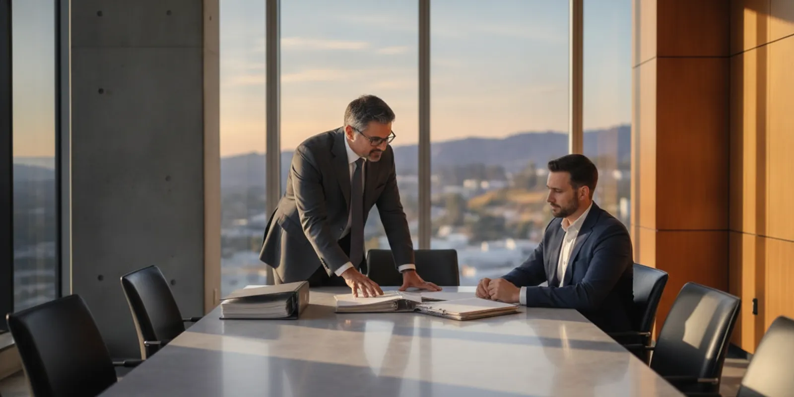 Attorney reviewing court documents with a client at a desk