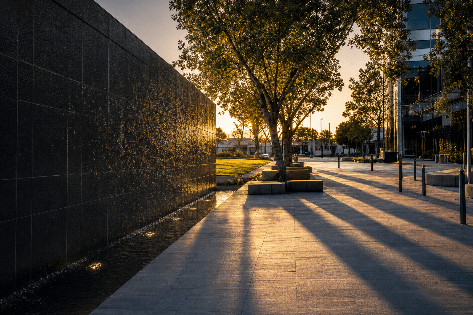 Empty Orange County civic plaza walkway at dusk, long directional shadows crossing the pavement beside a dark stone wall