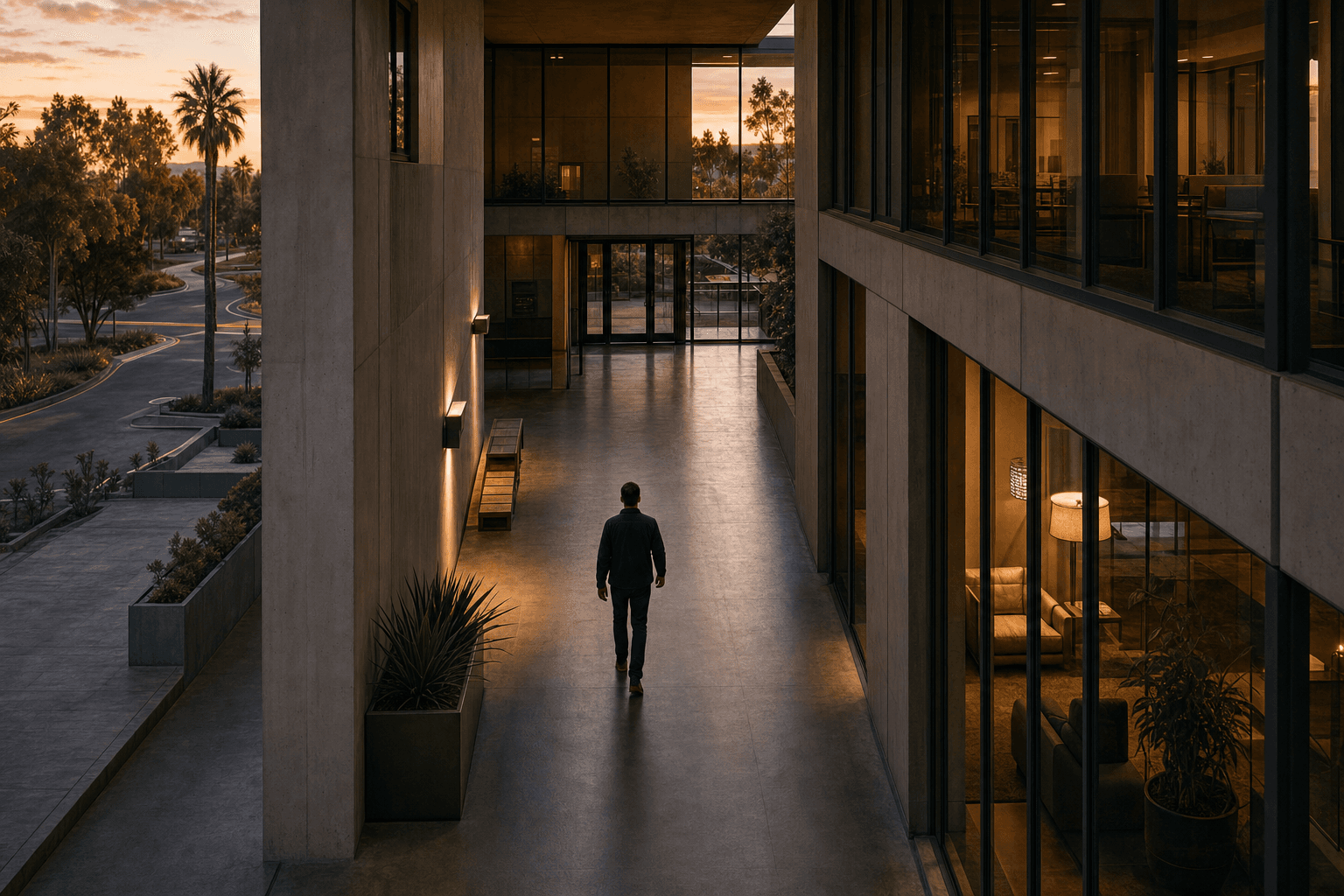 Anonymous figure seen from behind walking a lit architectural corridor between entry and exit at dusk