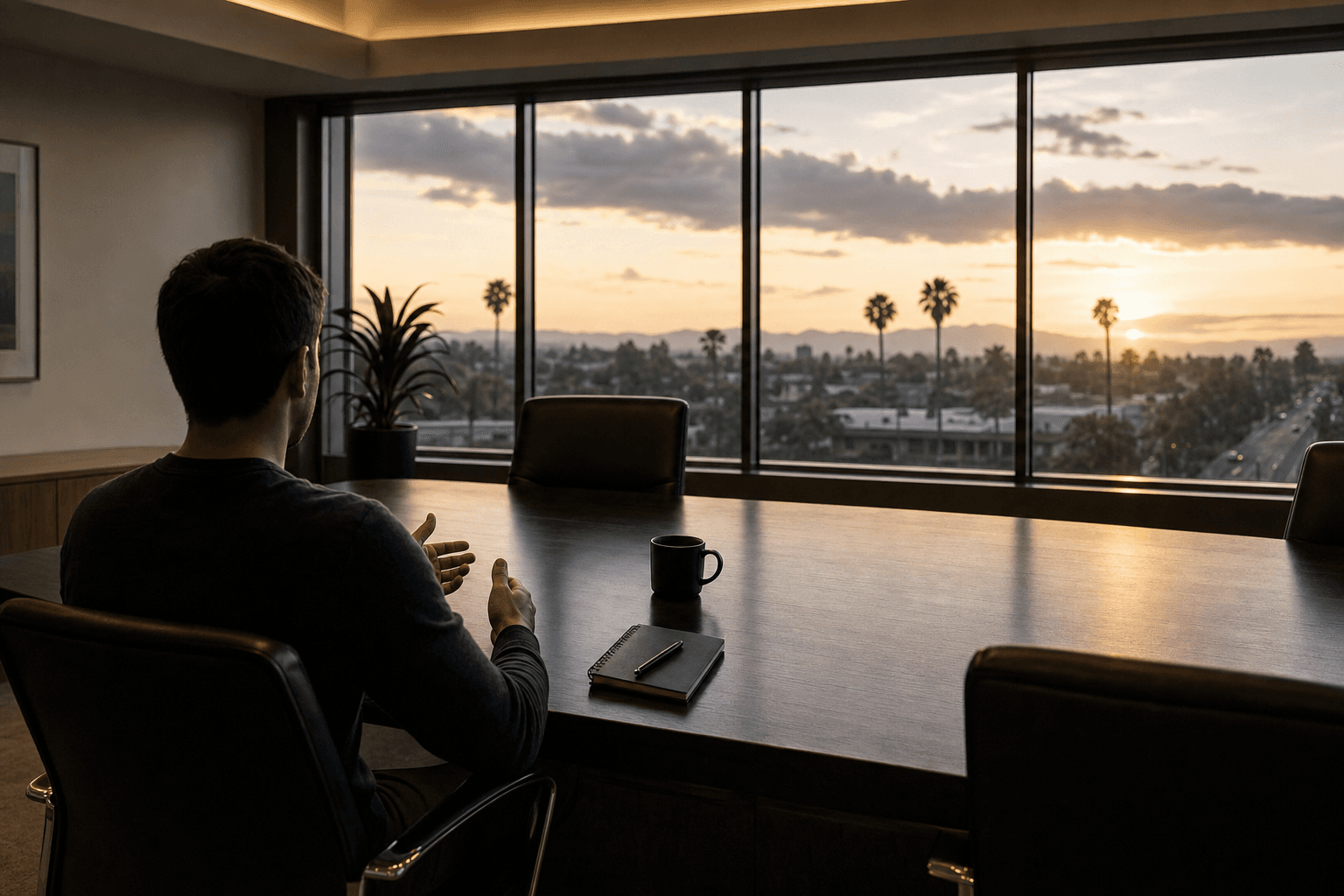 Anonymous person seen from behind at a conference table, calmly recounting events toward an empty chair by a sunset window