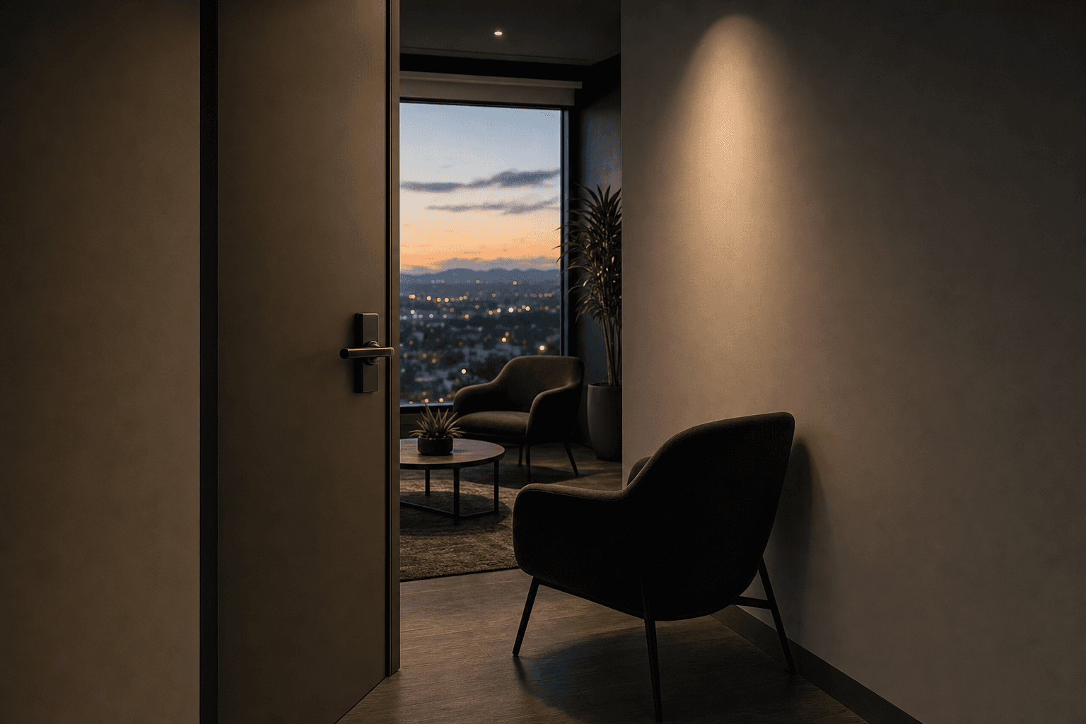 Dark office threshold opening onto a quiet consultation room with empty chairs and a dusk city view