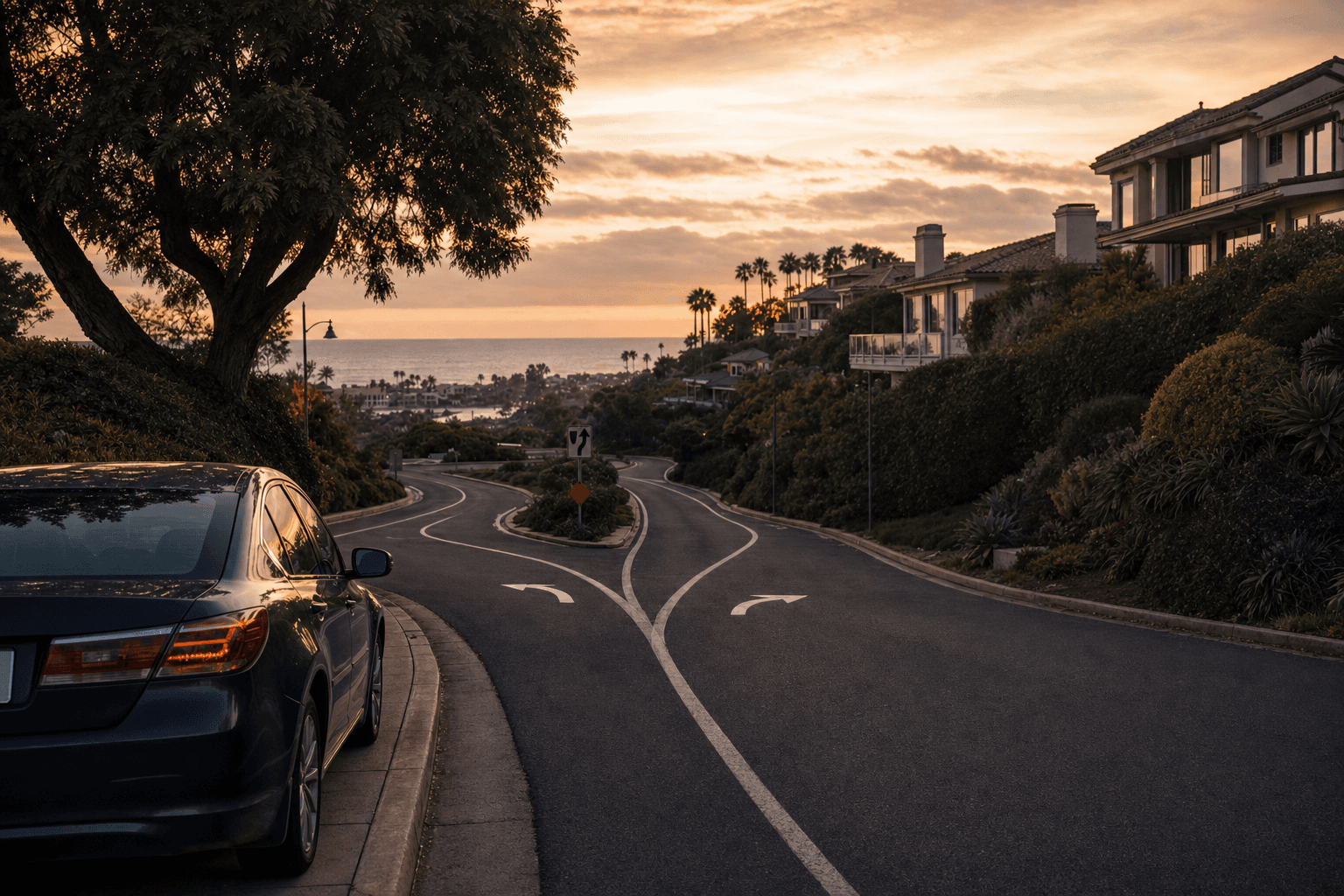 Quiet Orange County roadway at dusk with a parked car at the curb and two lane lines diverging toward the coast