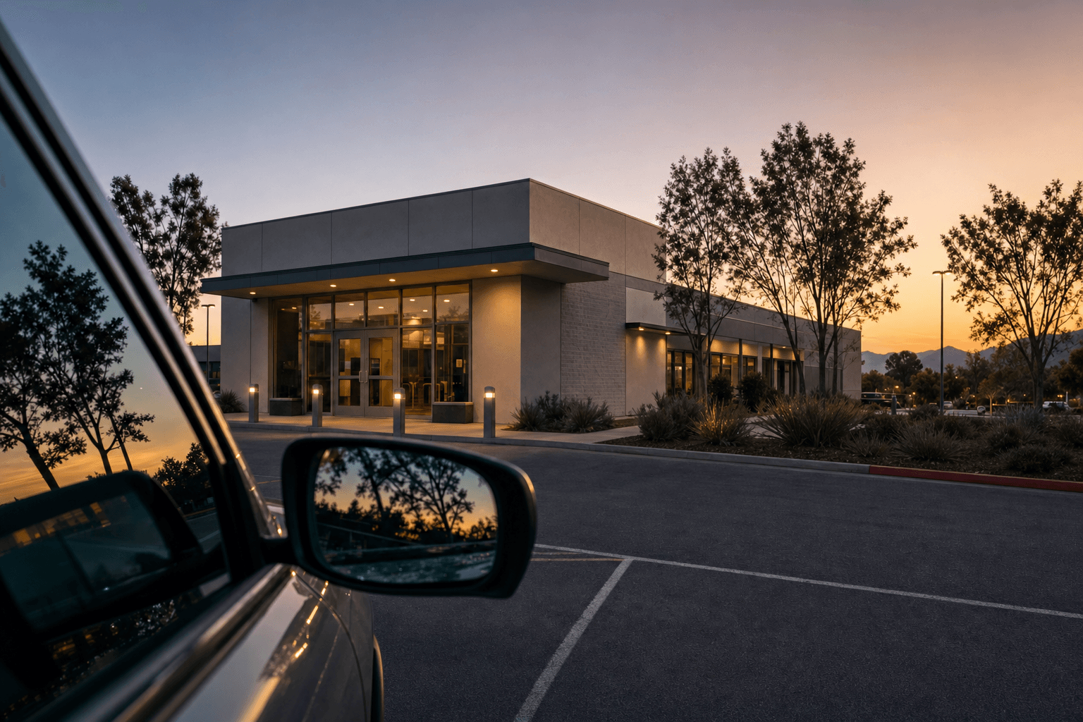 Civic DMV building arrival at dusk seen past a parked car's side mirror in the foreground