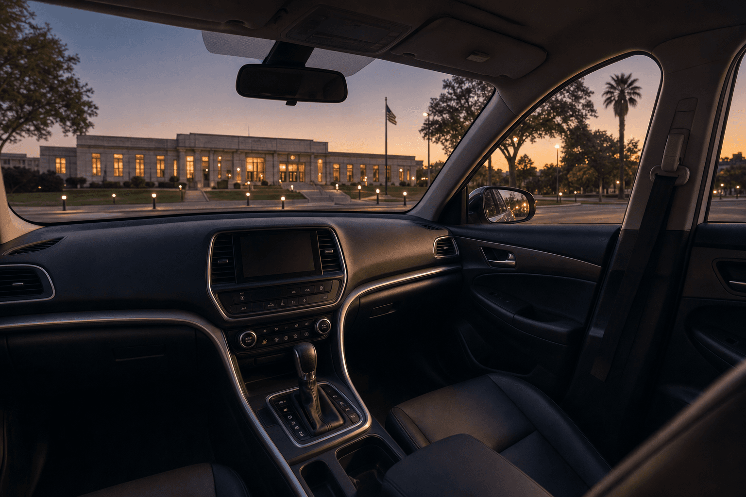 Parked-car interior at dusk with a lit civic building visible beyond the windshield