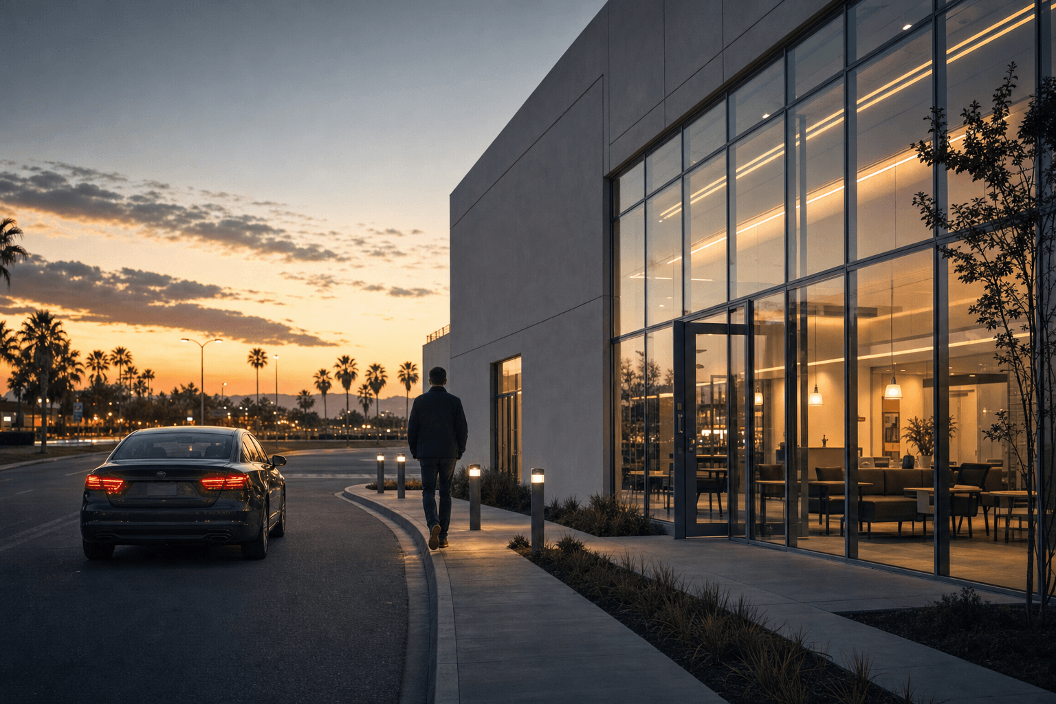 Anonymous person walking away from a parked car toward a lit driver-safety office entrance at dusk