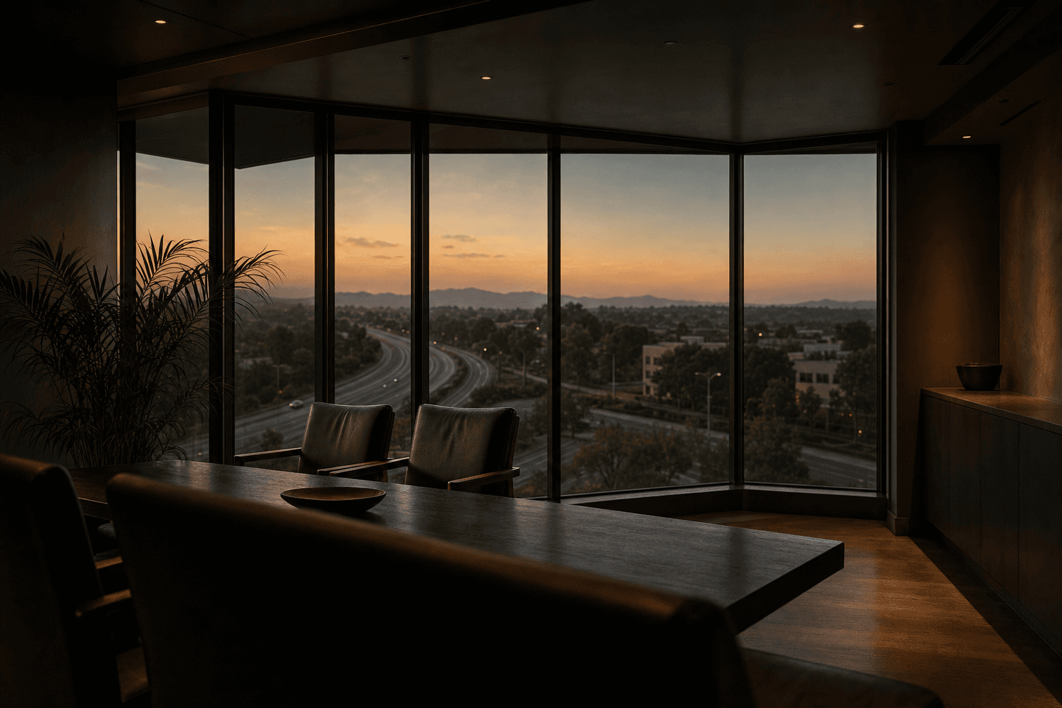 Dark consultation office with empty chairs at a table and windows reflecting a quiet roadway at dusk