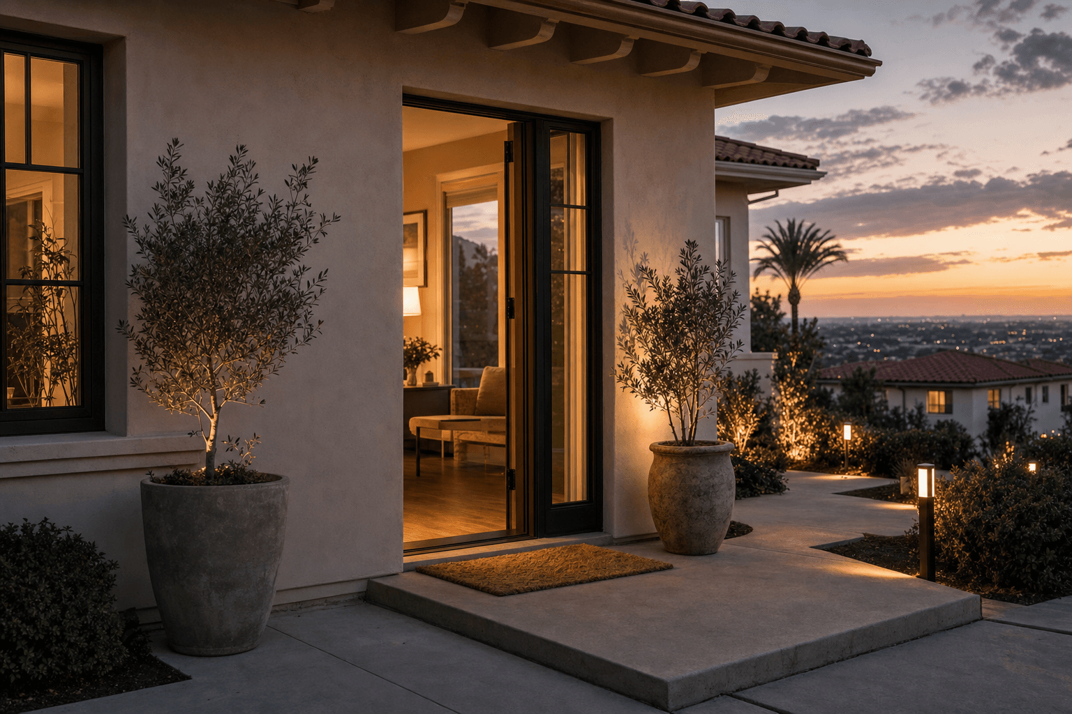 Calm residential entry at dusk, warm light from an open doorway beside a quiet walkway overlooking Orange County