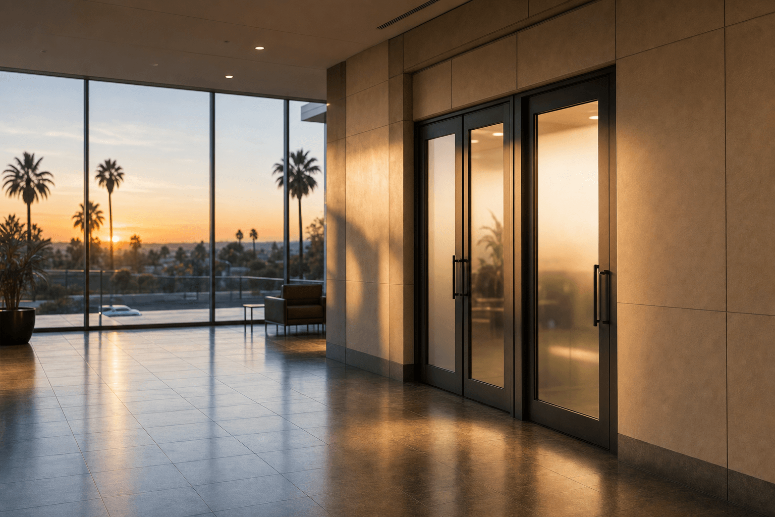 Quiet civic lobby at sunset with two separate frosted-glass doors beside a window wall and palm trees outside