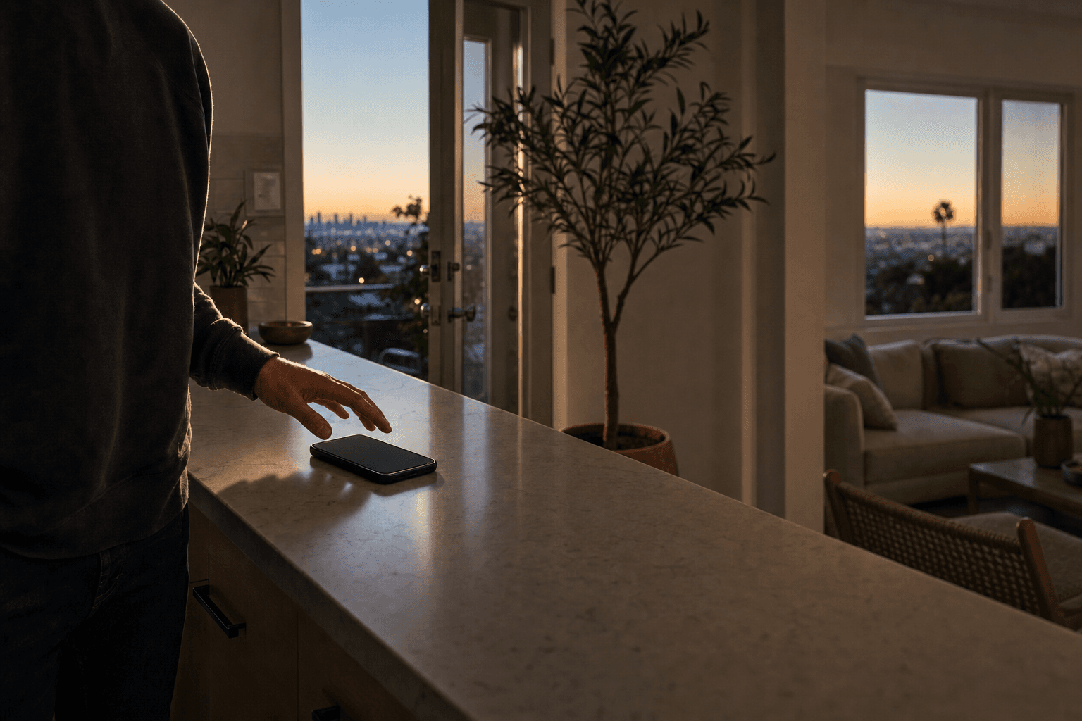 Hand pausing over a phone resting face-down on a kitchen counter at dusk, living room and city window beyond