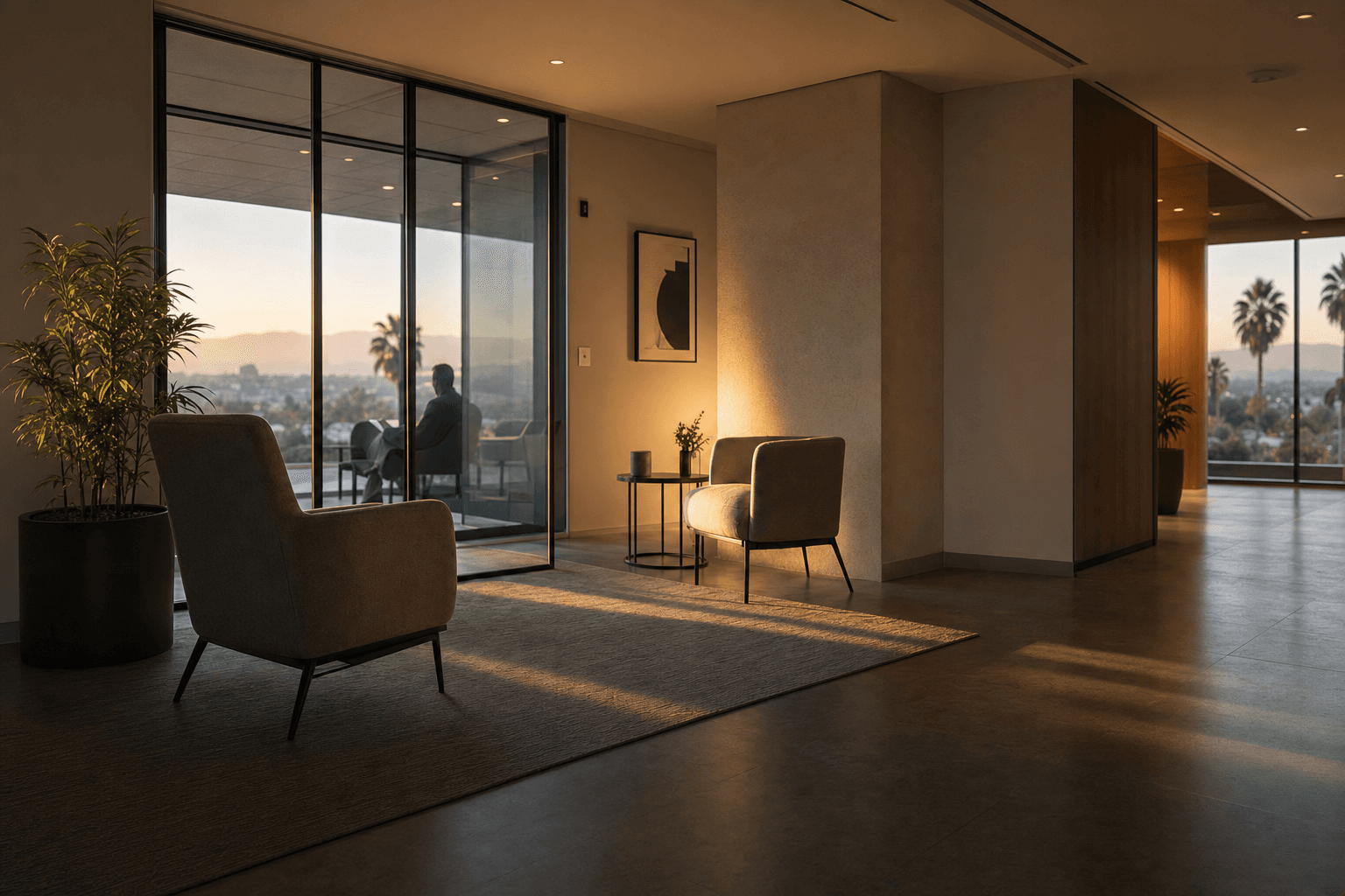 Warm office waiting area with two armchairs set apart and a distant figure on a terrace beyond glass doors