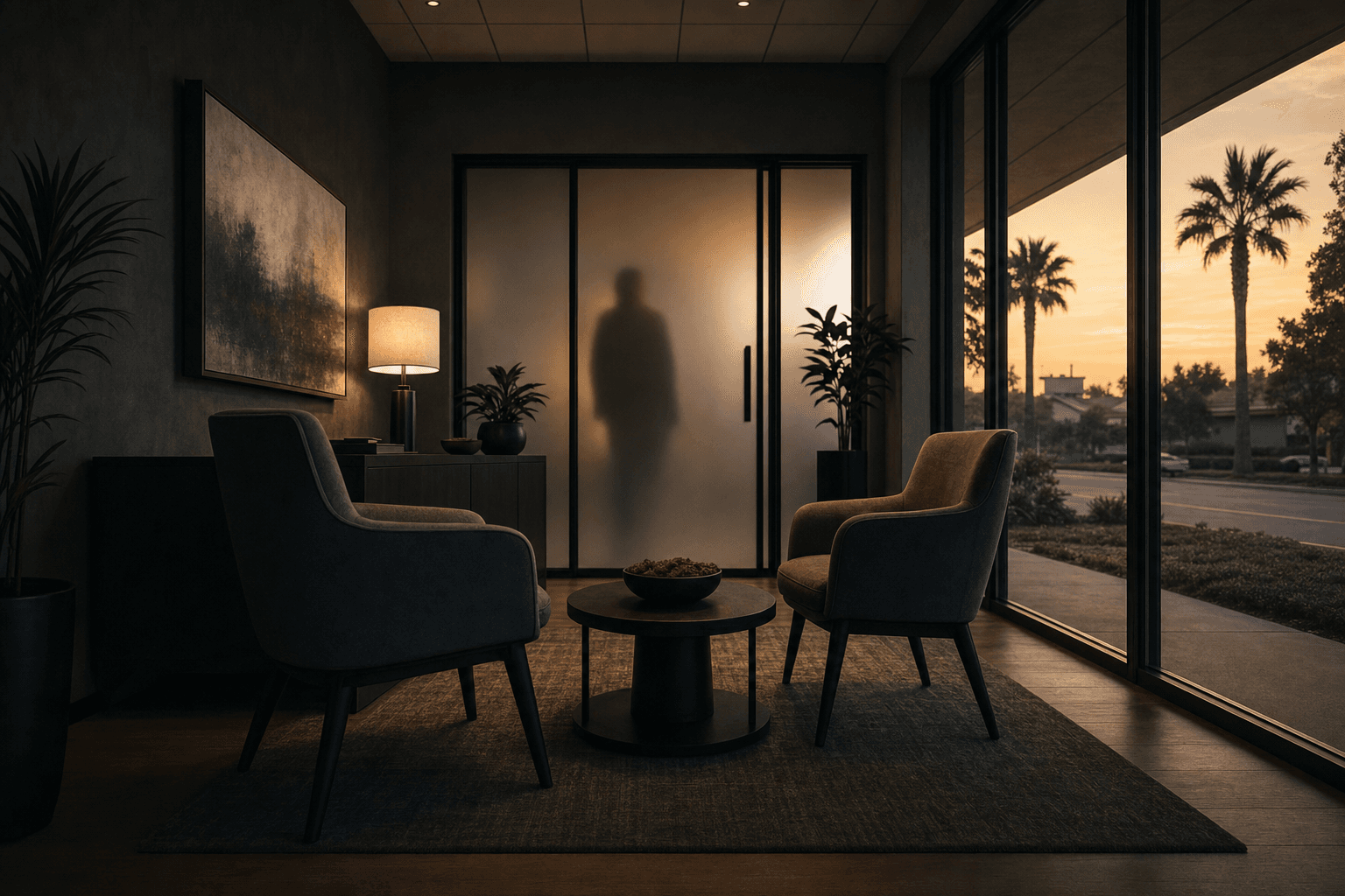 Dark private consultation room with two chairs and a silhouette behind frosted glass, palm-lined street at dusk outside