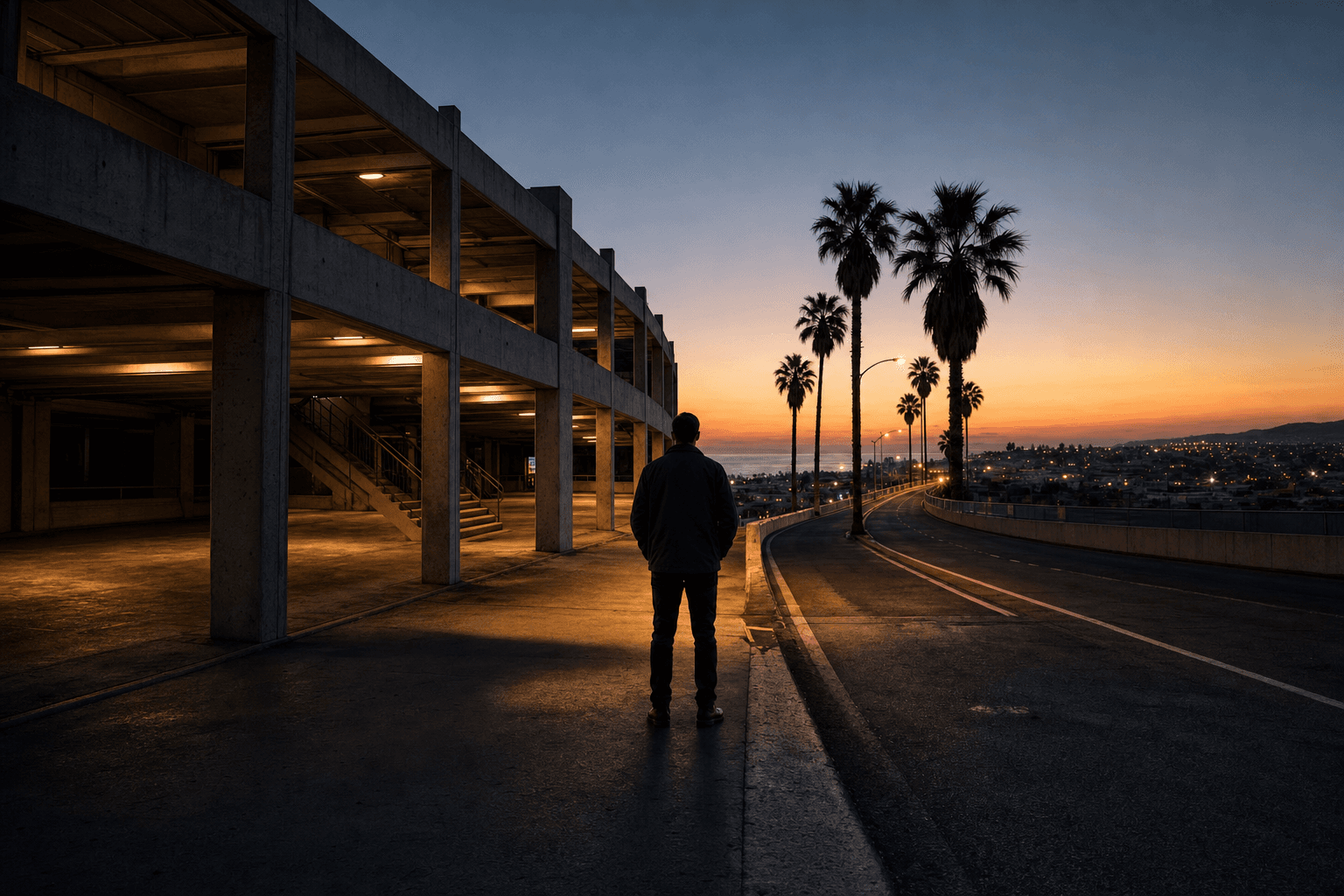 Orange County parking structure and coastal roadway splitting at dusk, with an anonymous figure standing still between the two lit paths