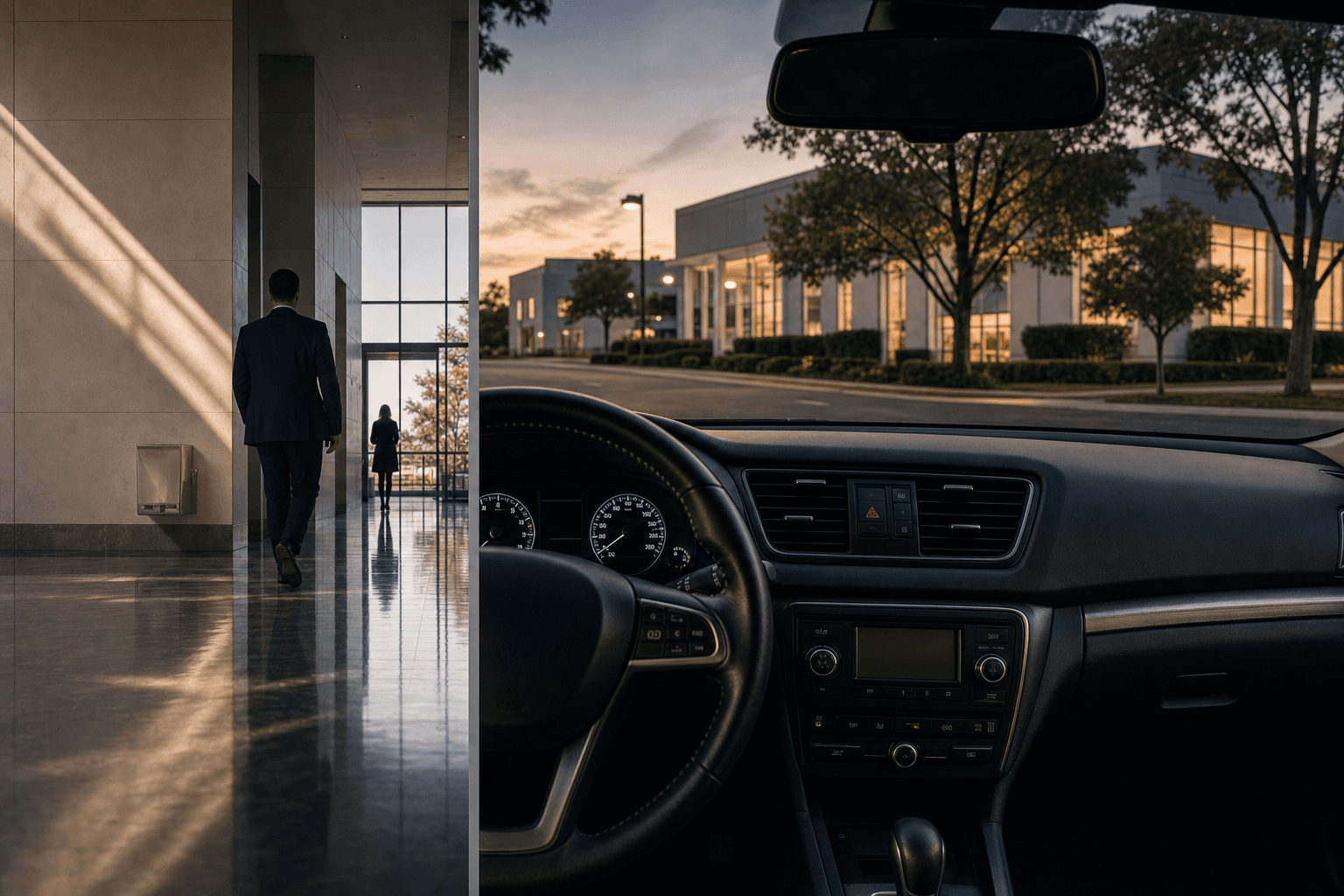 Split scene of courthouse hallway circulation beside a parked-car dashboard at rest, with a civic building beyond the windshield