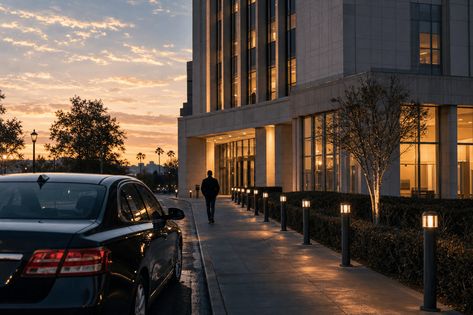 Quiet dusk sidewalk outside a civic building, a parked car in the foreground and an anonymous person walking toward the lit entry
