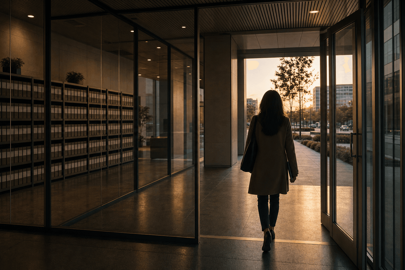 Anonymous person seen from behind walking through an Orange County building entry toward dusk light outside, archive shelves receding behind glass on the left