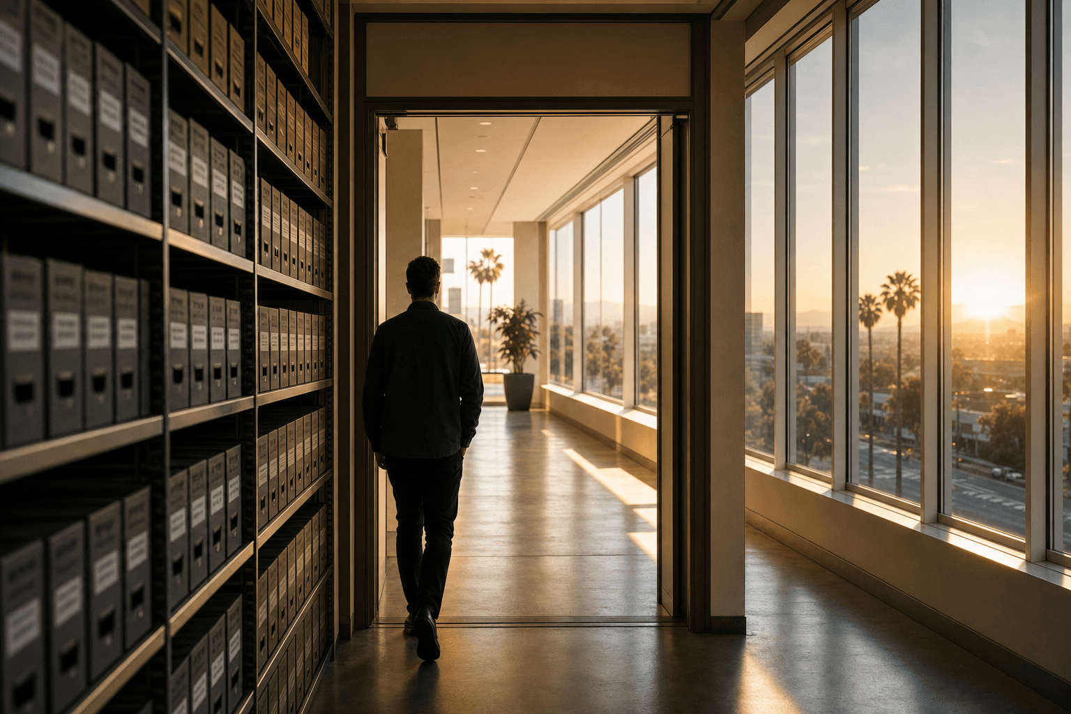 Anonymous figure walking a bright office hallway threshold, archive shelves receding into shadow on one side and morning windows over the city on the other