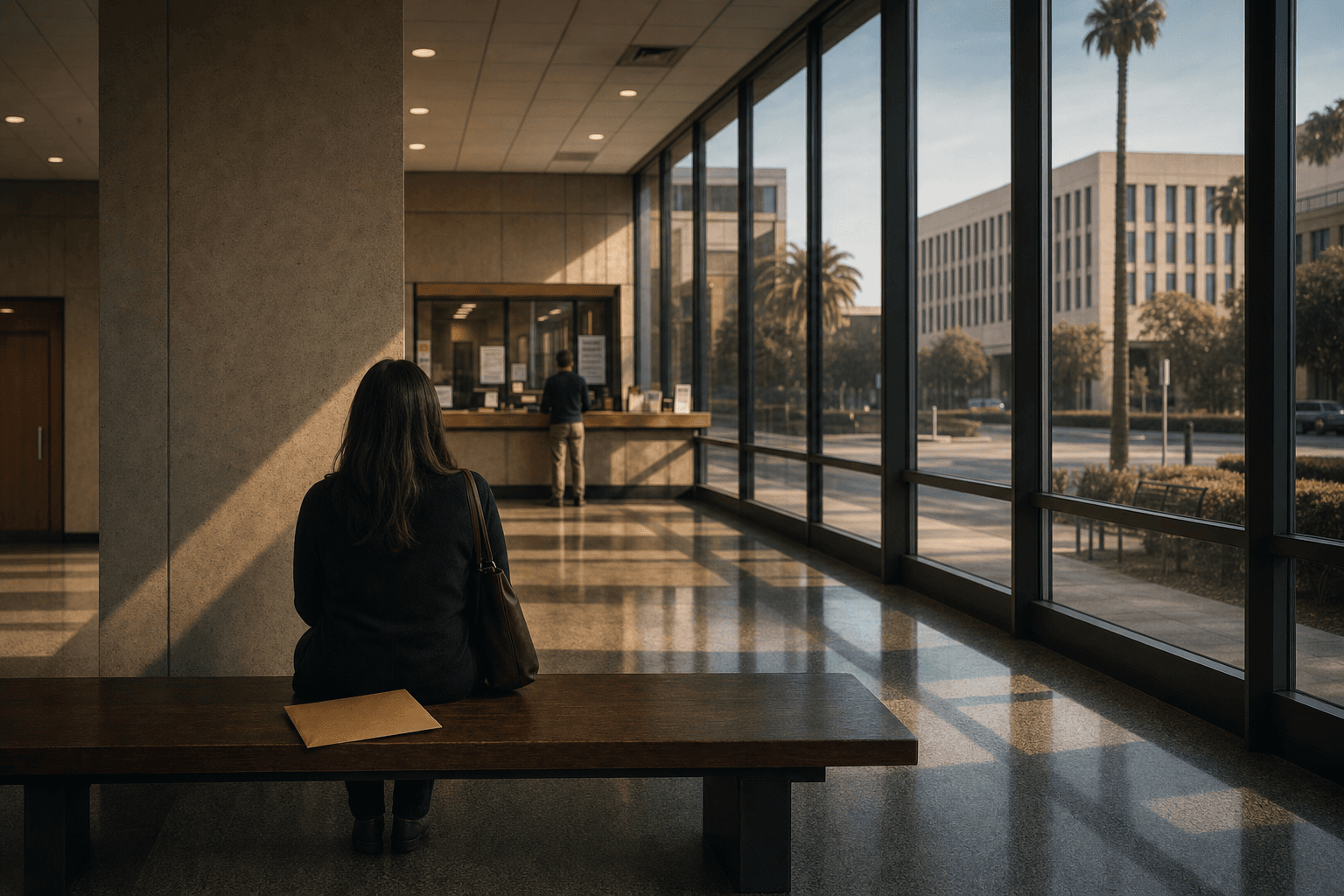 Anonymous person seated on a bench in a courthouse self-help lobby, looking toward a service counter, a small envelope resting beside them