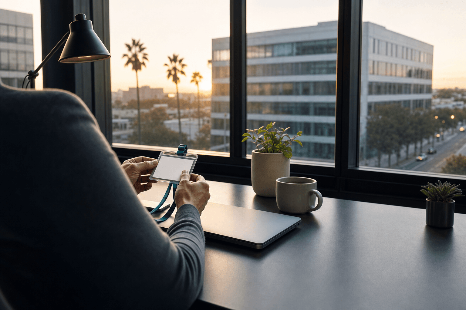 Over-the-shoulder view of anonymous hands holding a blank ID badge at a quiet workplace desk beside a closed laptop, city windows at dusk