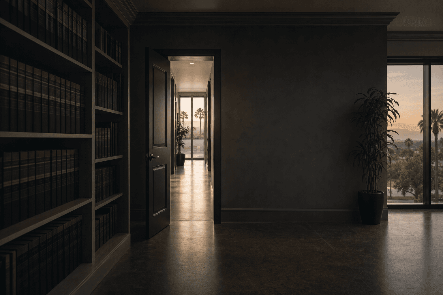 Dark office doorway opening toward a brighter corridor at dusk, bookshelves barely visible in the shadow behind