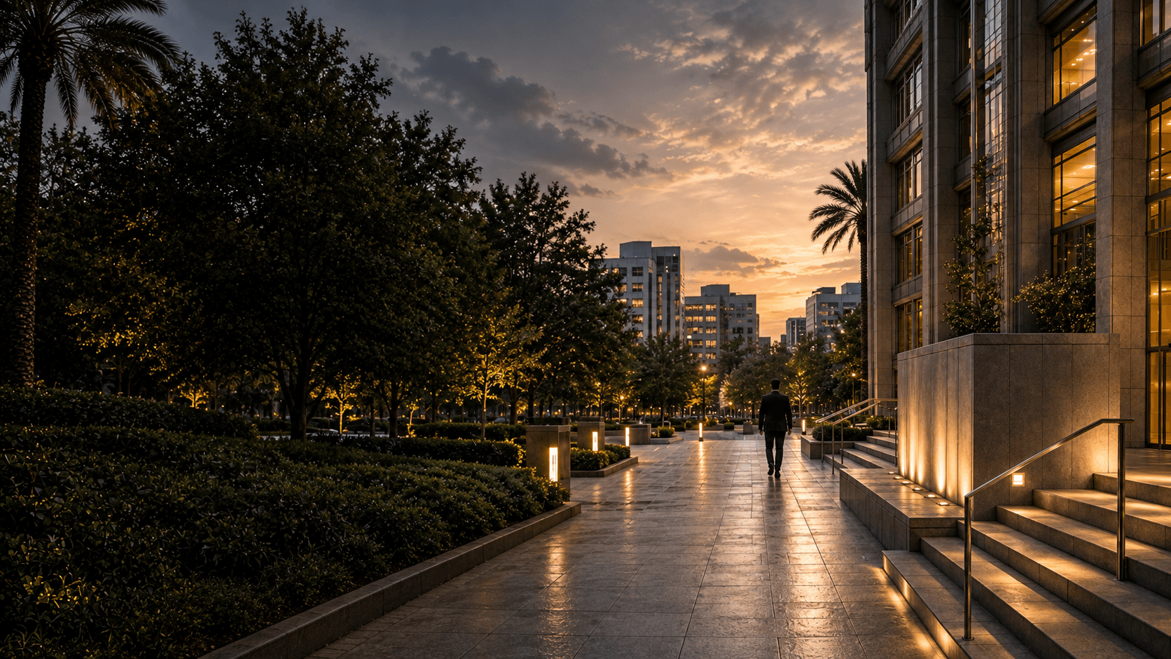 Orange County civic plaza and office-entry threshold at dusk, with one anonymous figure in the distance arriving along the walkway.