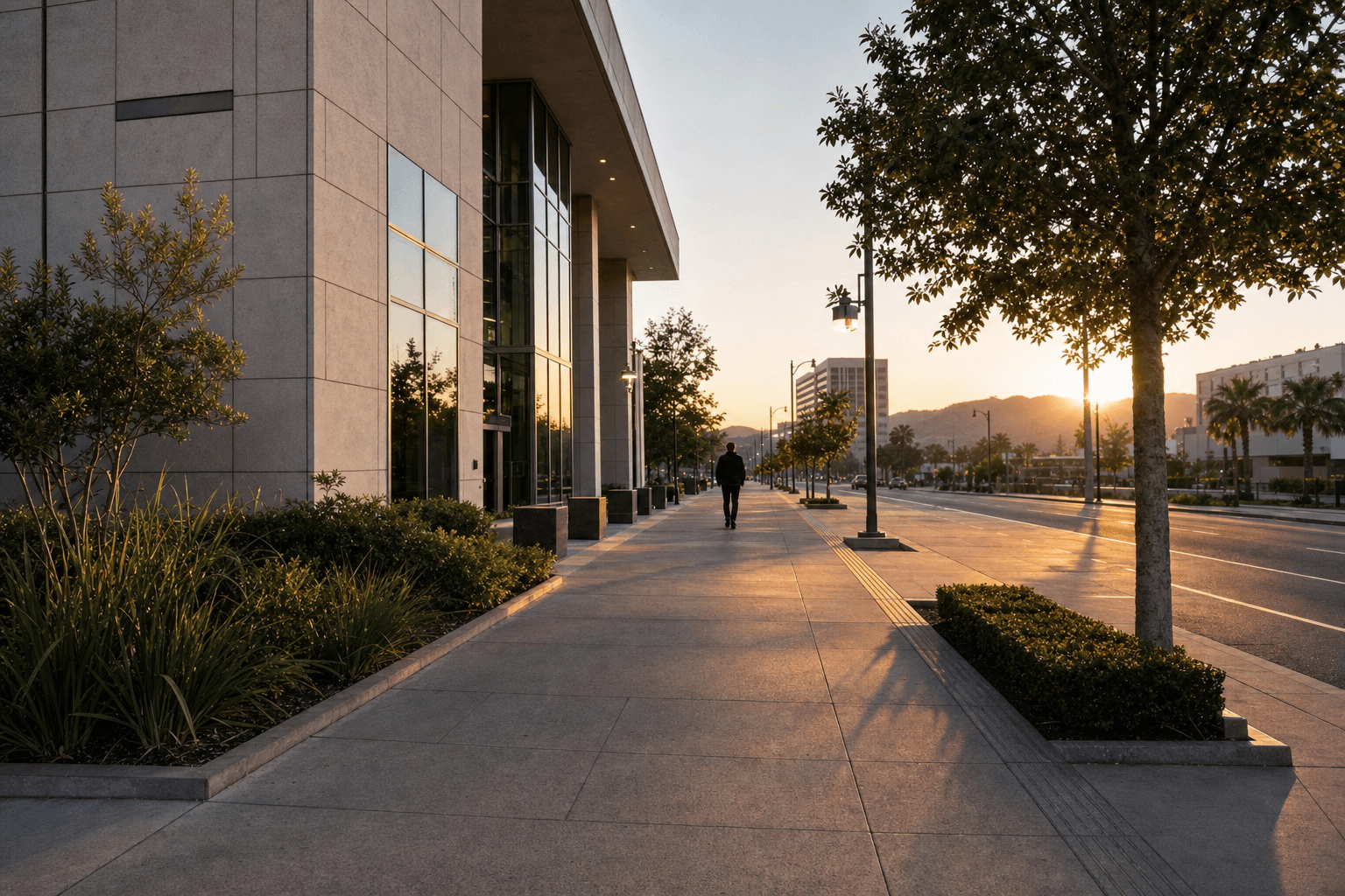 Quiet Orange County civic-building corridor at golden hour, an anonymous distant figure walking the long sidewalk toward the entrance.
