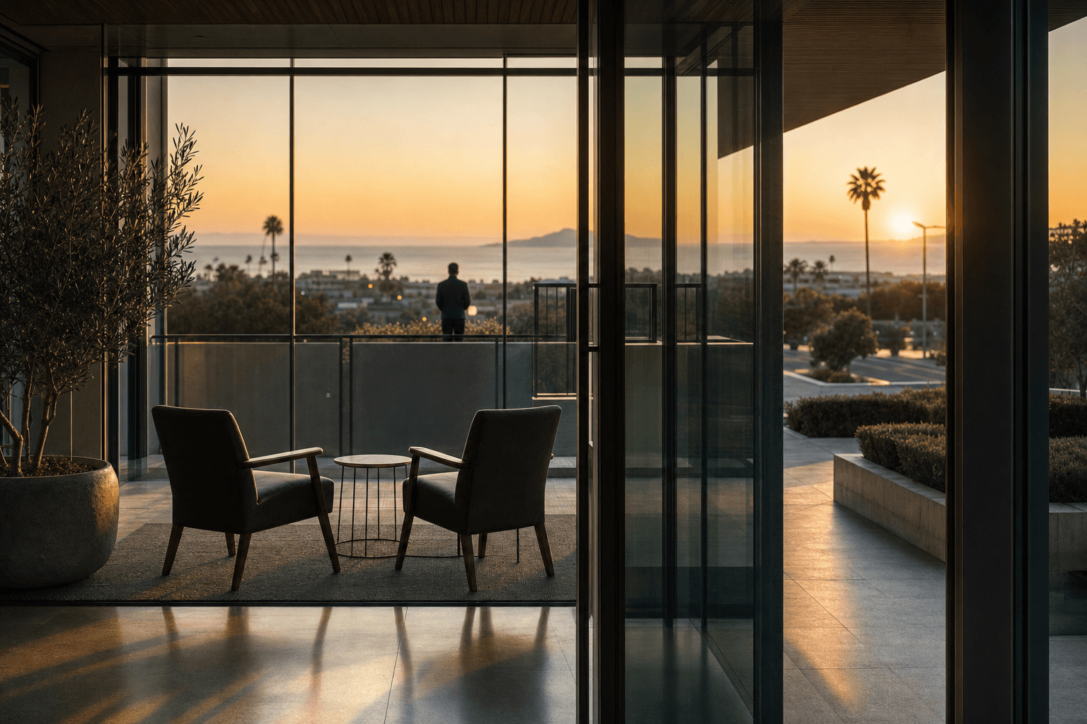 Quiet consultation threshold with two empty chairs seen through glass and a distant anonymous silhouette against the evening coastline.