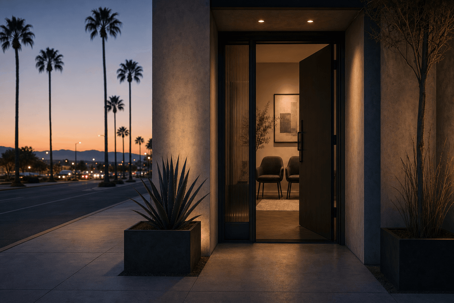 Dark confidential office entry at dusk with a partly open door and two empty chairs waiting inside, palms lining the street beyond.