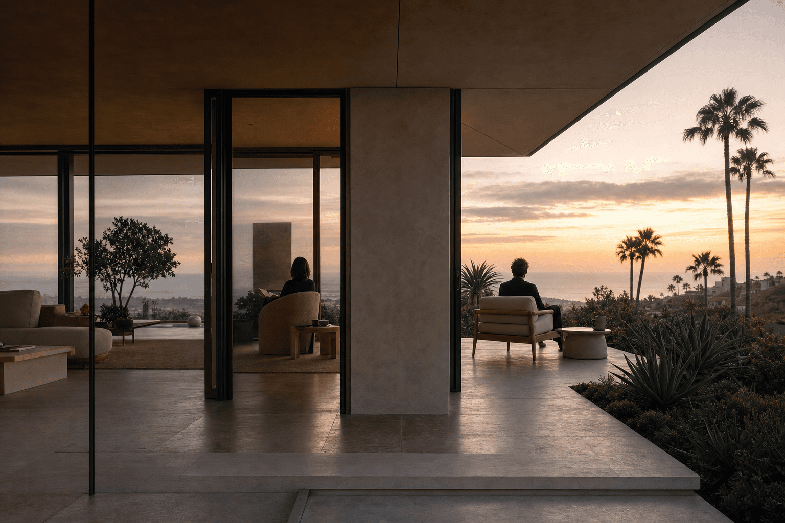 Calm architectural threshold at dusk with two separate seating areas — one inside behind glass, one on an outdoor terrace — overlooking Orange County palms and coastline