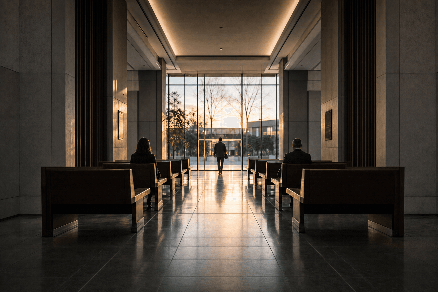 Quiet civic lobby at sunset with wooden benches on both sides of a clear central aisle and anonymous distant figures near a tall window wall