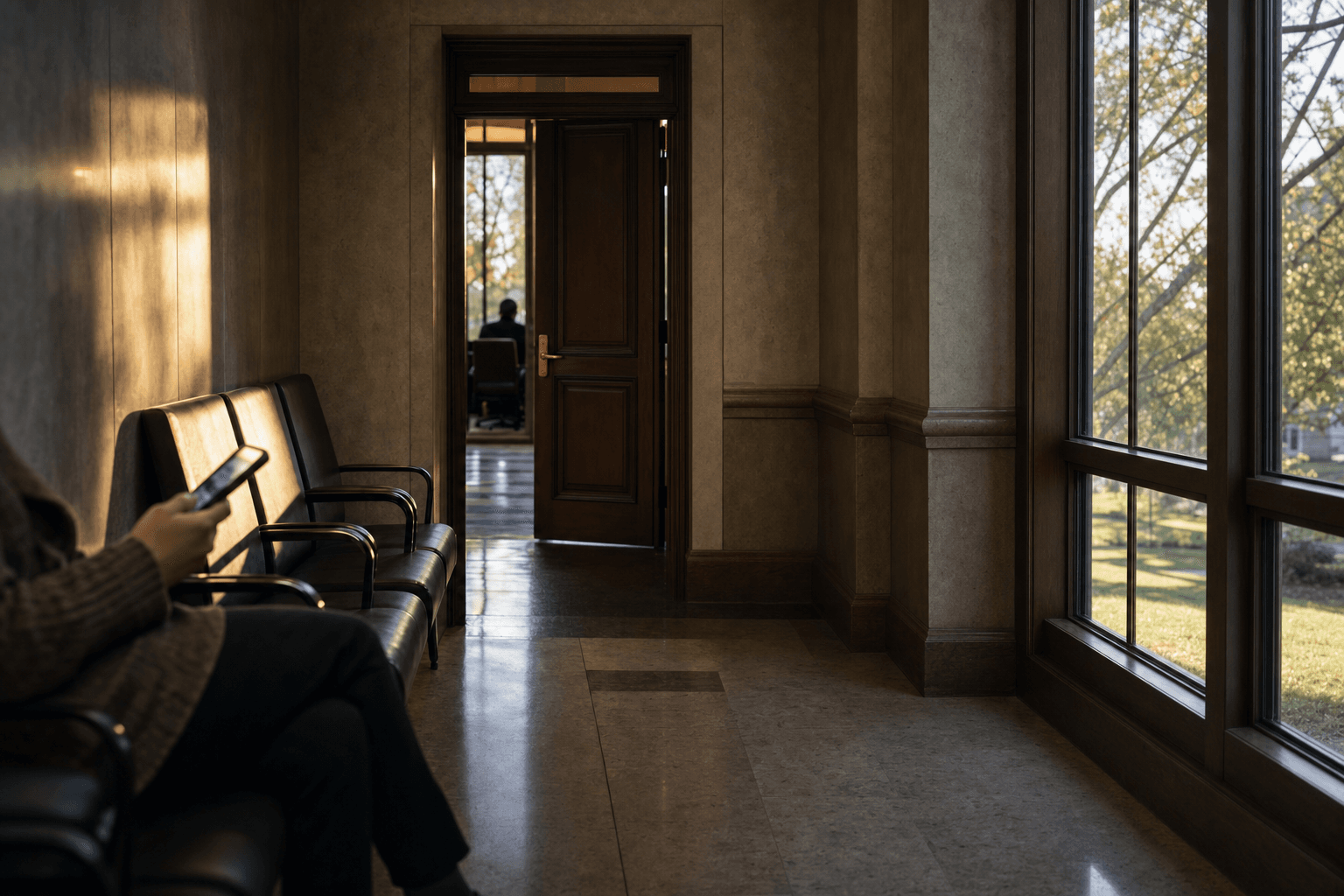 Quiet courthouse hallway with an open hearing-room door and separate waiting chairs, an anonymous cropped hand holding a phone at the edge of the frame