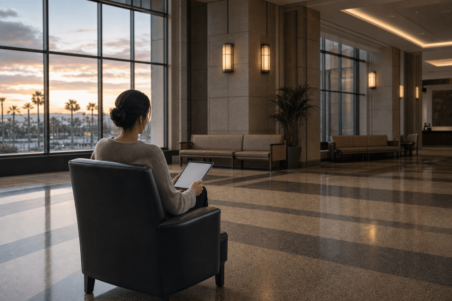 Anonymous person seen from behind reviewing a blank tablet in a calm civic lobby quiet zone with palm trees and sunset through tall windows