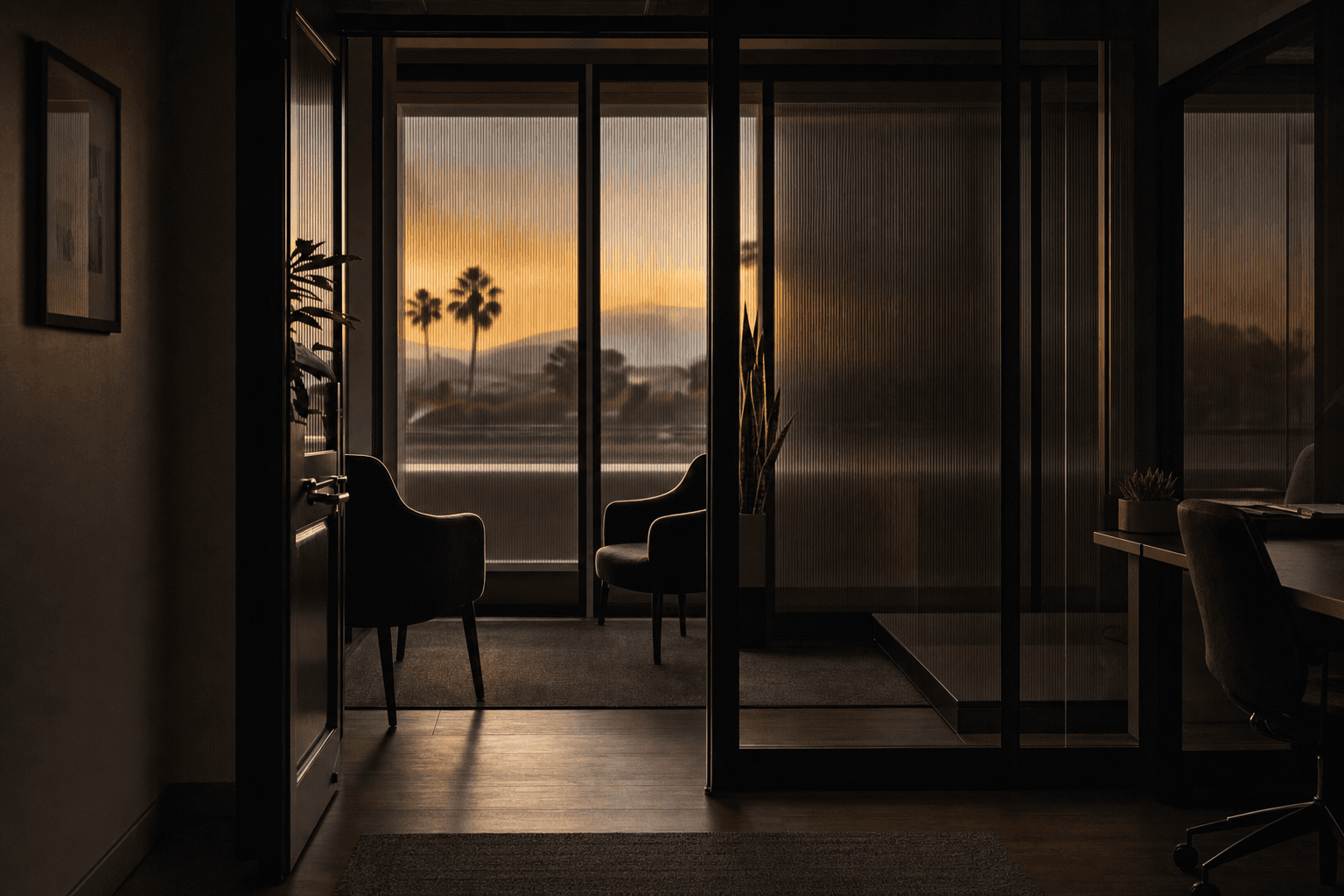Dark confidential office threshold with two chairs separated by negative space and frosted glass, palms and dusk sky through the window beyond