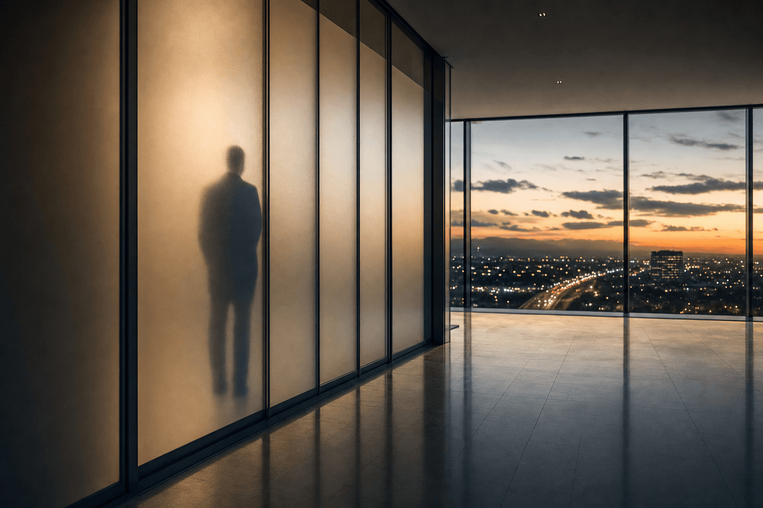 Anonymous silhouette seen only as a reflection behind frosted privacy glass in a dusk corridor above Orange County city lights