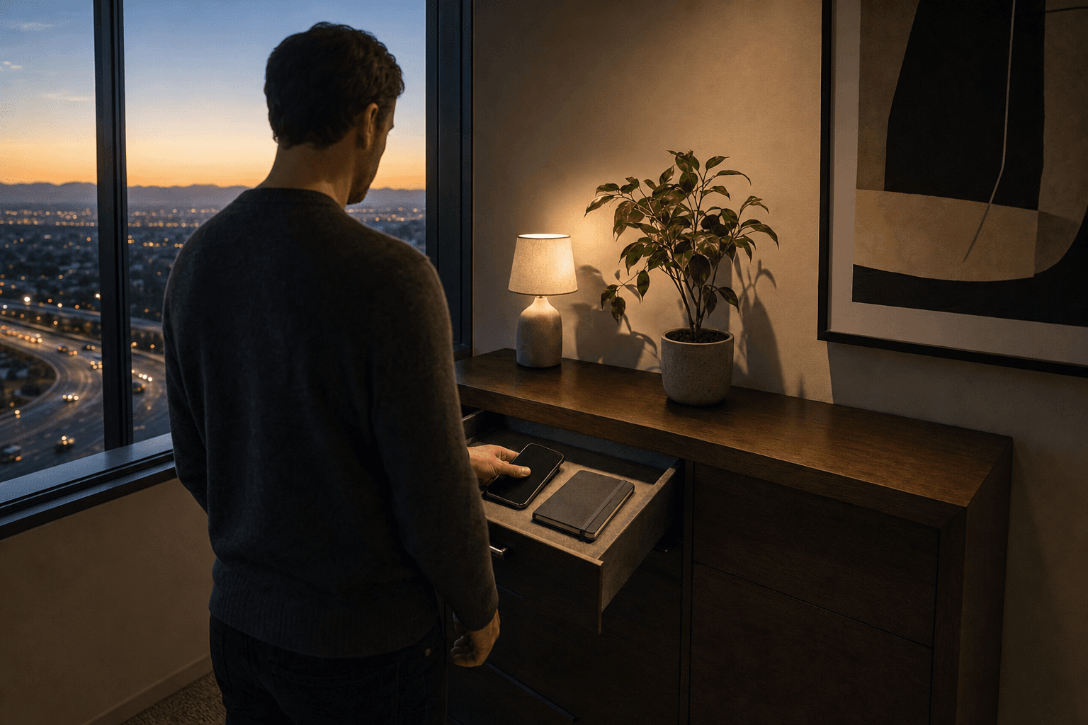 Anonymous figure seen from behind placing a phone and notebook into a quiet console drawer beside a dusk window, no screen content visible