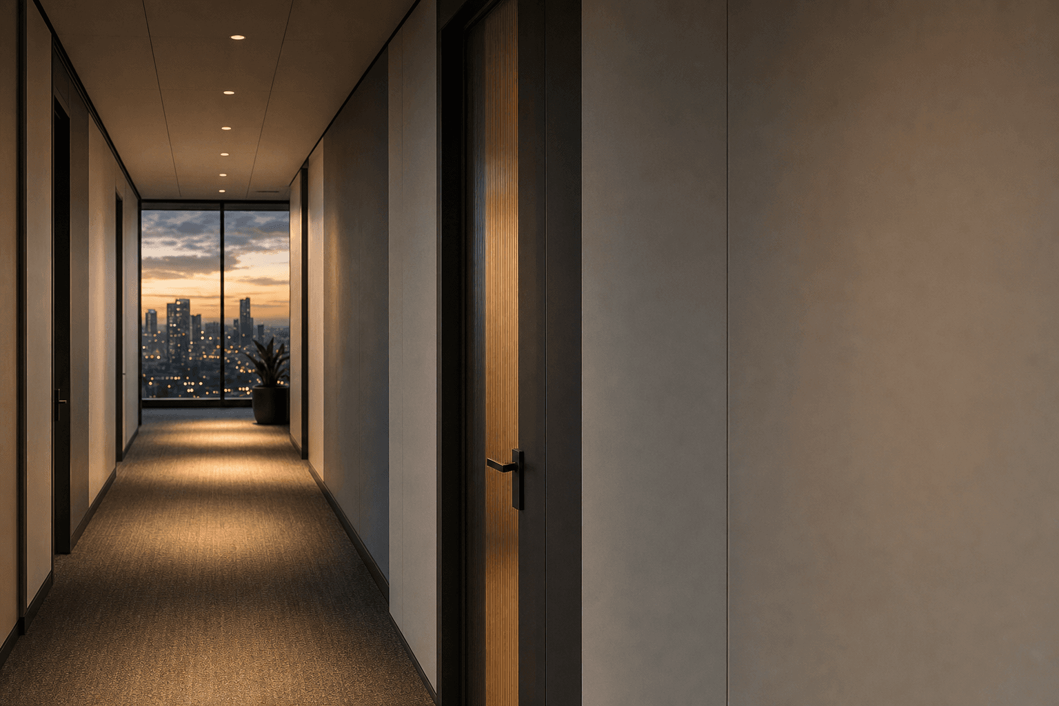 Quiet empty office corridor with a closed conference-room door and softened city light through the far window