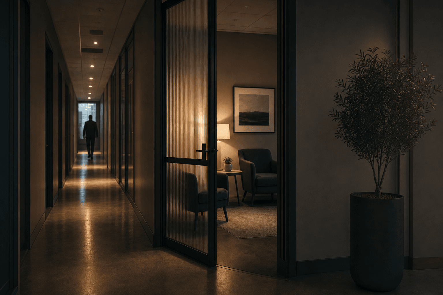 Dark consultation suite behind a frosted-glass entry with empty chairs and a distant anonymous silhouette in the hallway