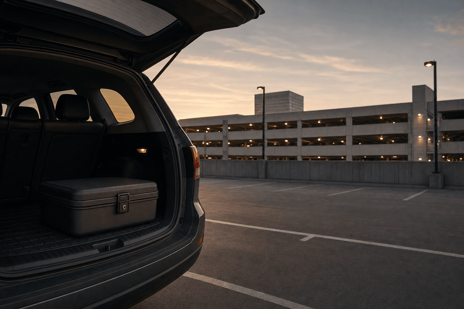 Closed locked container resting in an open vehicle cargo area beside an Orange County parking structure at dusk