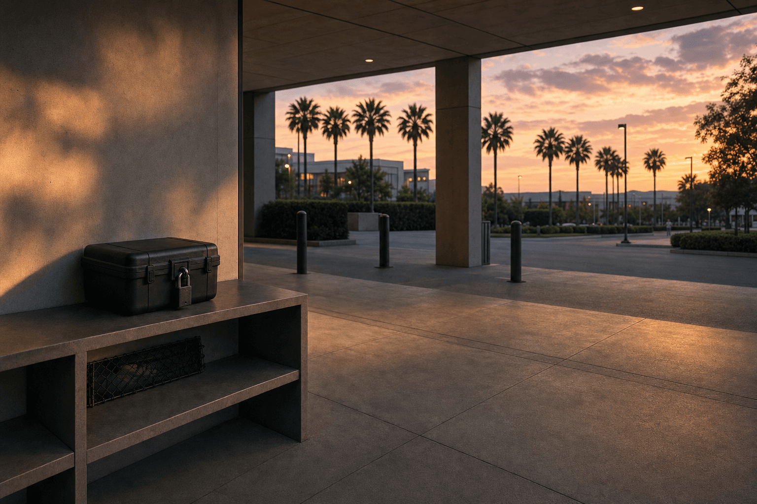Padlocked storage case on a concrete shelf at an Orange County civic entry threshold, palms and buildings beyond at sunset