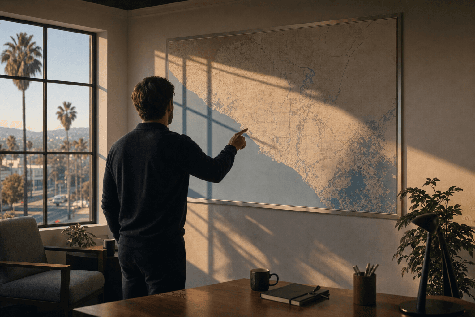 Anonymous person pointing at a wall map of the Orange County coastline in dusk window light
