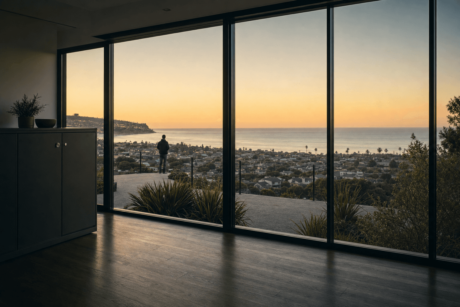 Quiet dark room with a storage cabinet silhouette beside floor-to-ceiling glass, a distant anonymous figure overlooking a coastal neighborhood at dusk