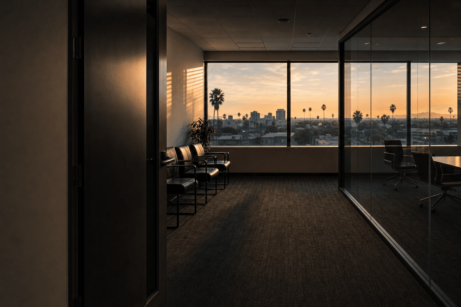 Dark confidential office threshold with empty chairs and a glass conference room overlooking city lights at dusk