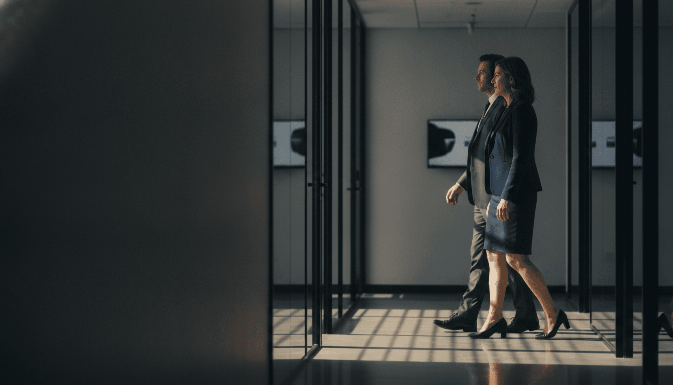 Two people walking together along a dim office corridor in evening light
