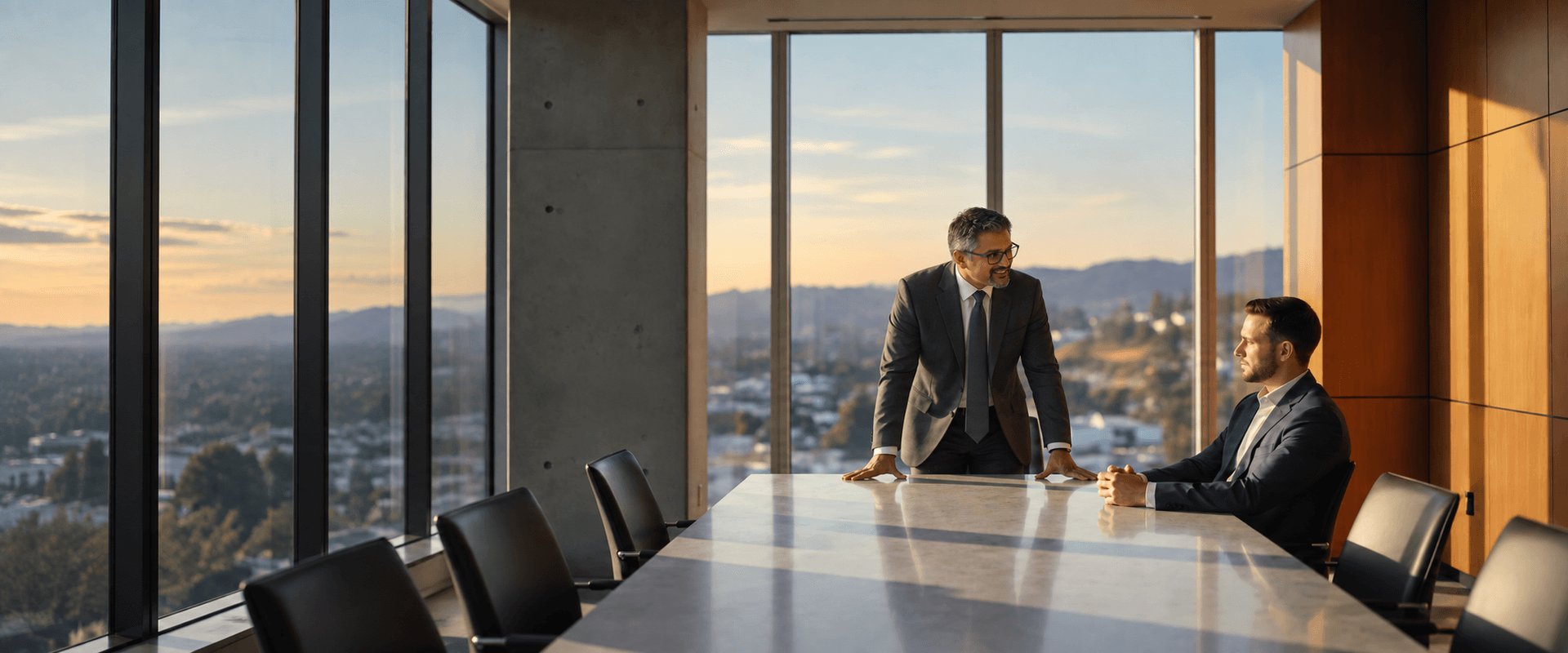 Binoye Jos standing in a dusk conference room while speaking with a seated client